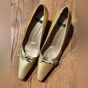 Stuart Weitzman Gold Kitten Heels with Bow Accent